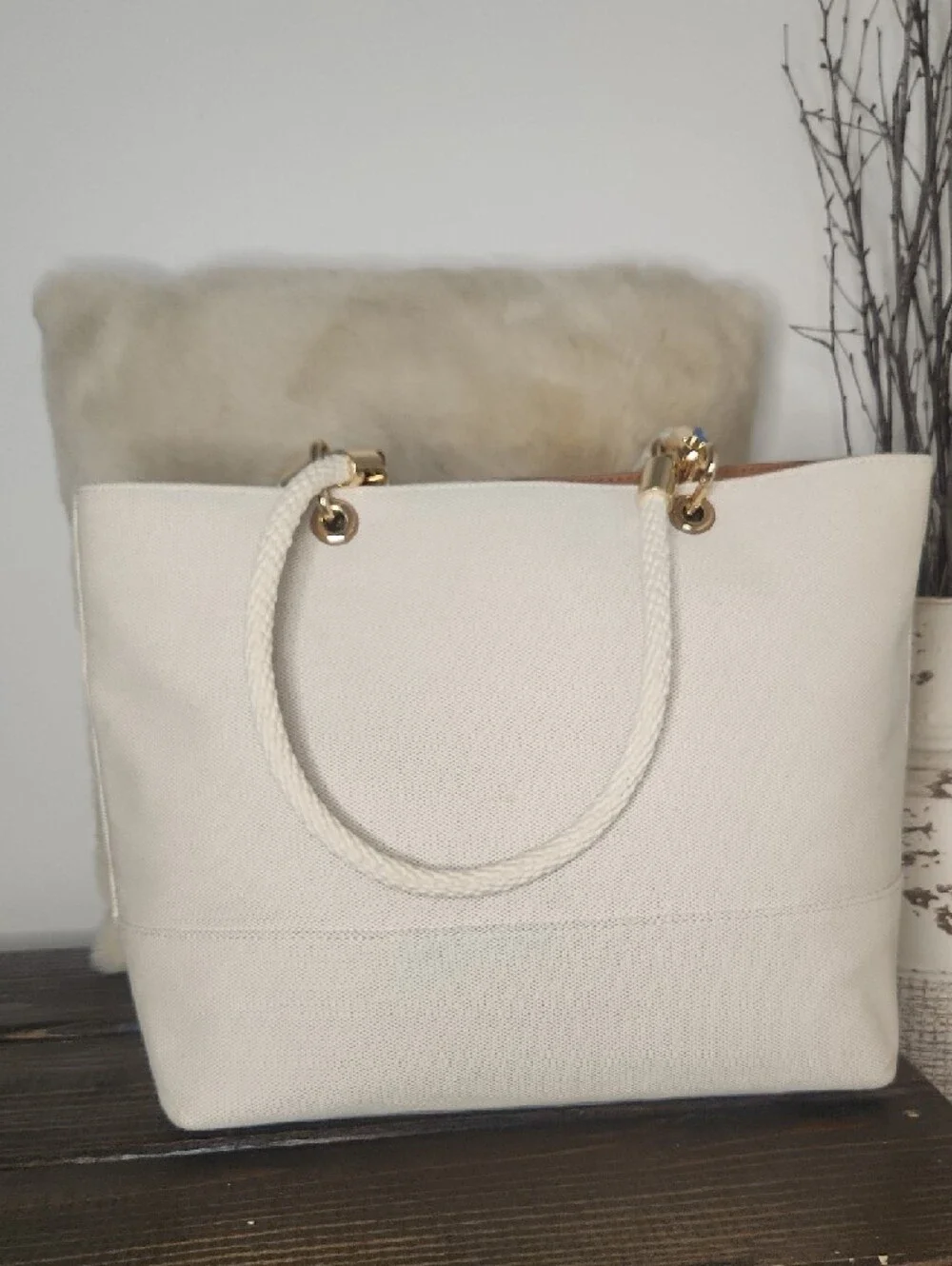 Michael Kors Cream Canvas Tote with Tan Leather Pocket